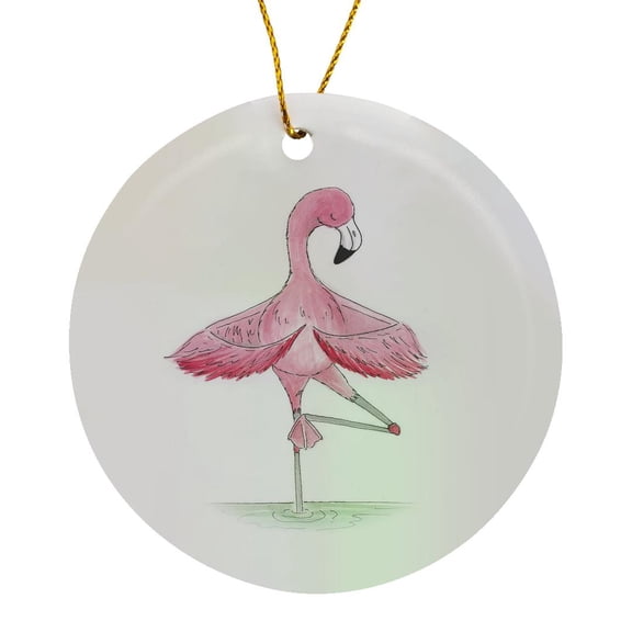 3drose, Flamingo Performing Tree Yoga Pose, Circle Porcelain Ornament