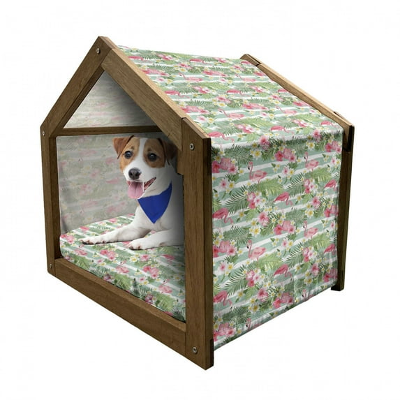 Flamingo Pet House, Flamingos with Exotic Hawaiian Leaves Flowers on Striped Vintage Background, Outdoor & Indoor Portable Dog Kennel with Pillow and Cover, 5 Sizes, Green Pink White, by Ambesonne