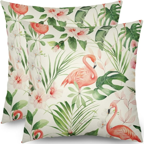 Flamingo Pillow Covers 16x16 Set of 2 Summer Tropical Leaves Floral Floral Print Decorative Throw Pillows Outdoor Hawaii Flower Farmhouse Pillowcases Cushion Case Decor for Home Sofa Couch Bed