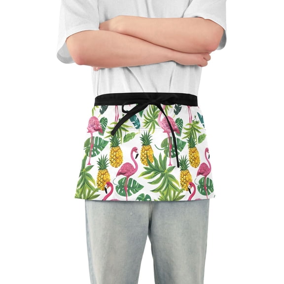 Flamingo Pineapple Leaf Server Apron with 3 Pockets Waterproof Waitress Waist Short Apron for Man Woman 12 Inches
