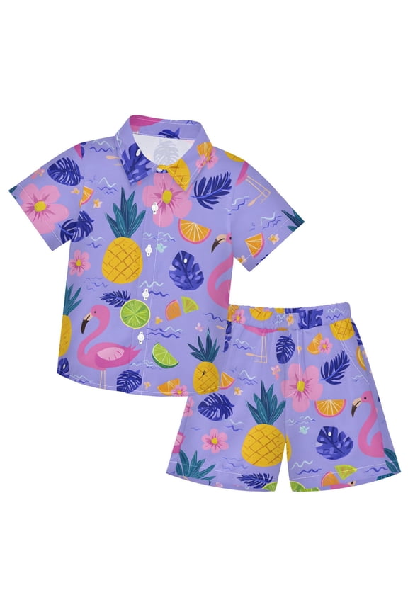 Flamingo Pineapple Pattern Boys' Hawaiian Shorts Sets Button Down Shirts 3T-10Y for Beach Vacation