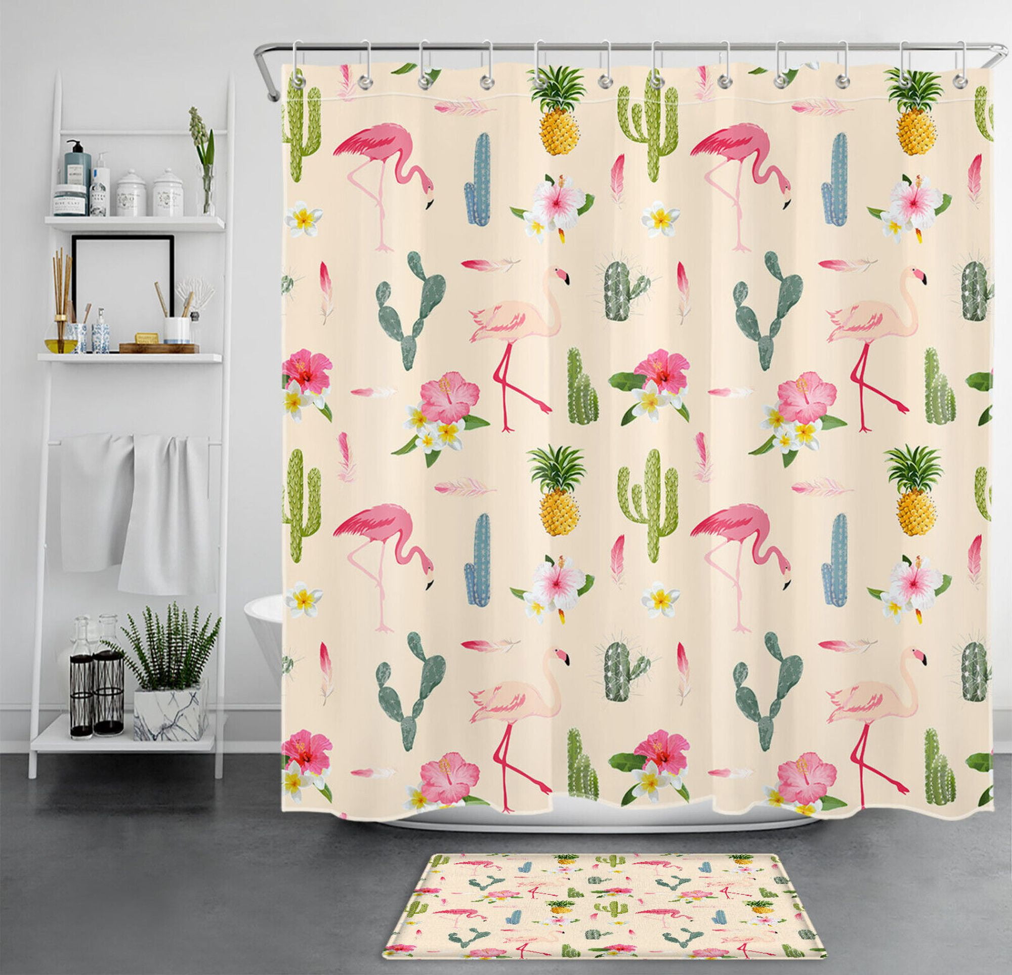 Flamingo Pineapple Shower Curtain Set with Pink Floral Pattern on Beige Bathroom Accessories