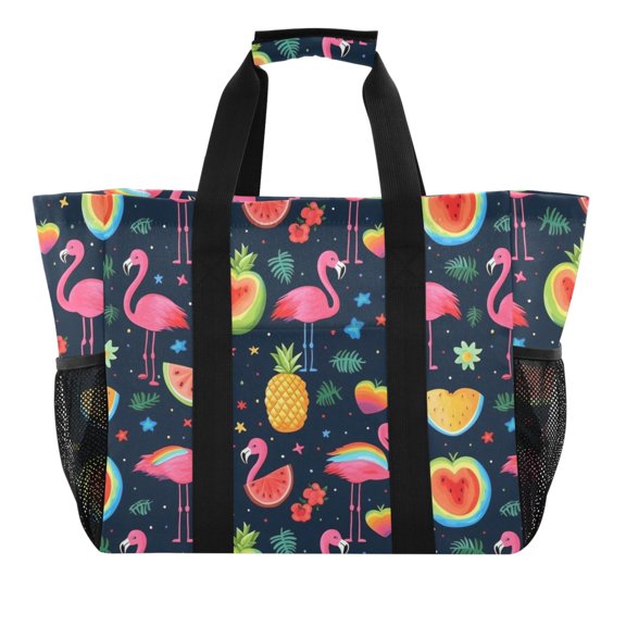 Flamingo Pineapple Watermelon Heart Reusable Grocery Bags with Handle Side Pocket Waterproof Shopping Portable Tote