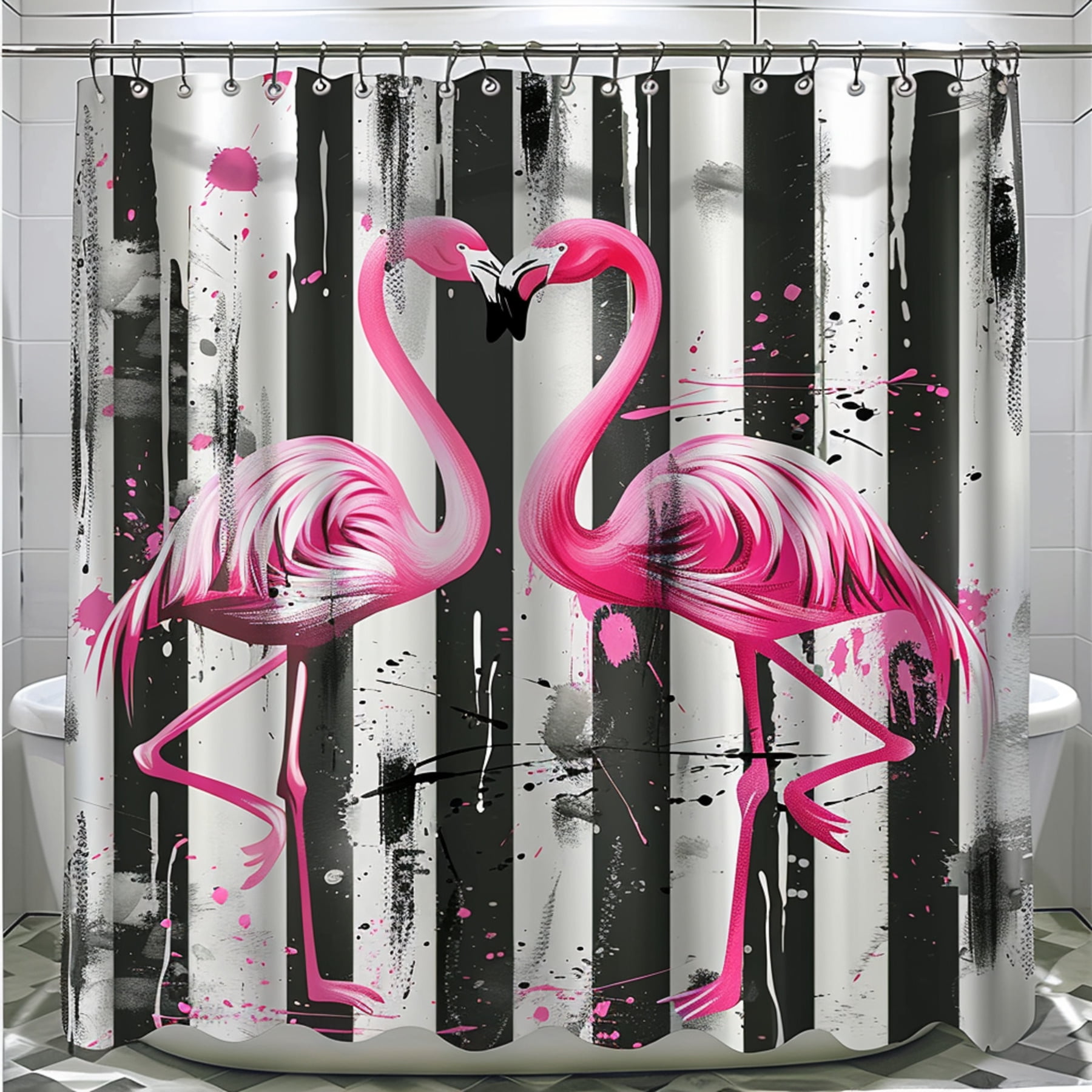 Flamingo Pink Shower Curtain Set Black & White Stripes Paint Splatter ...