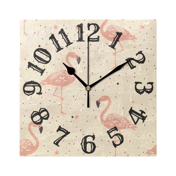 Flamingo Pink Stars Wall Clock Square Silent Non Ticking Battery Operated Clock for Home Bathroom Kitchen Bedroom Living Room