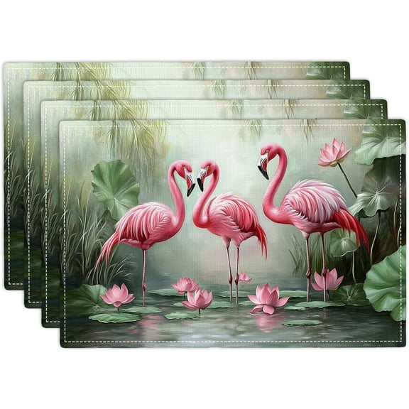 Flamingo Placemats Set of 4, Flamingo Tropical Flowers Place Mats, Wildlife Waterproof Washable Table Mats for Home Party Indoor Kitchen Dining Table Decoration 12x18 Inch