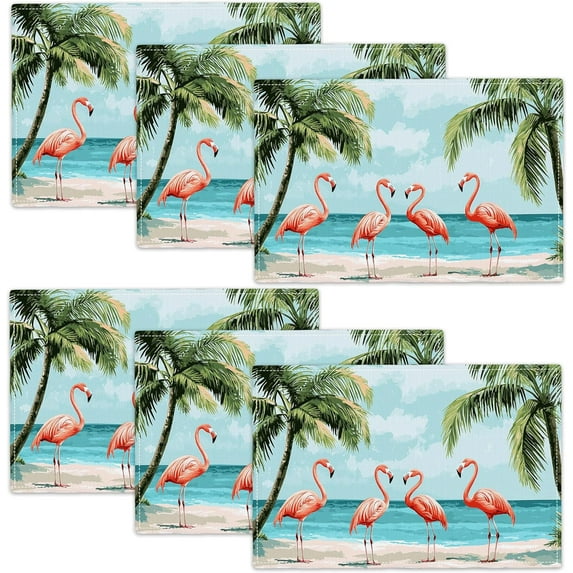 Flamingo Placemats Set of 6 Beach Coastal Table Mats Washable Palm Tree Nautical Place Mats for Home Party Indoor Kitchen Dining Table Decoration 12x18 Inch