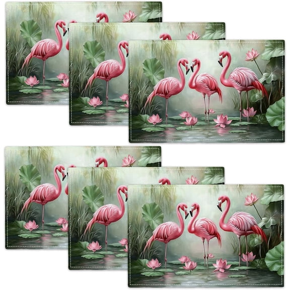 Flamingo Placemats Set of 6, Flamingo Tropical Flowers Place Mats, Wildlife Waterproof Washable Table Mats for Home Party Indoor Kitchen Dining Table Decoration 12x18 Inch