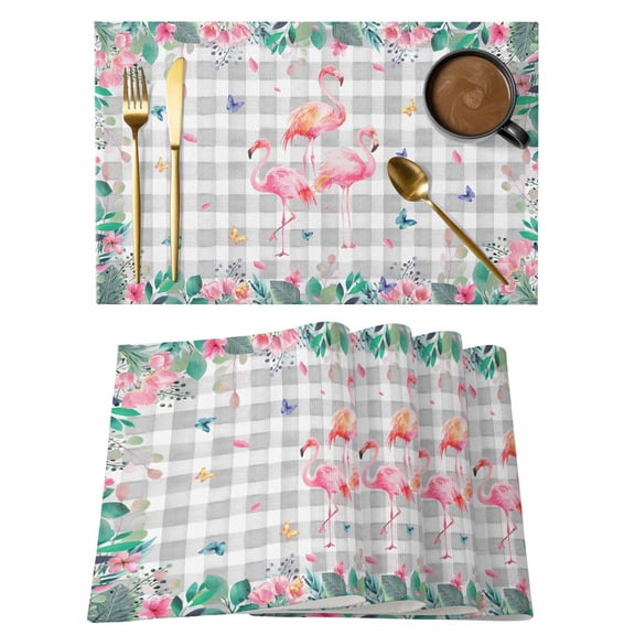 Flamingo Placemats Set of 8, Summer Animal Butterfly Plant Leaf Flower Gray Plaid Non-Slip Place Mats Washable Table Mats for Kitchen Dining Table Decorations Indoor/Outdoor