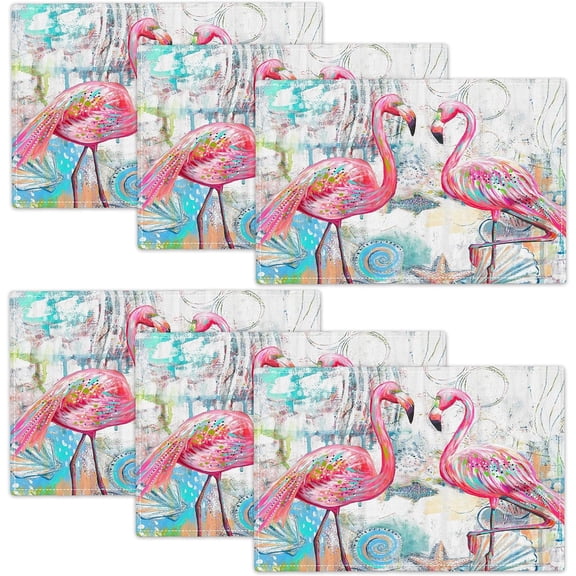 Flamingo Placemats Set of 6 Starfish Conch Table Mats Pink Flamingos Washable Place mats for Party Kitchen Dining Decoration 12x18 Inch