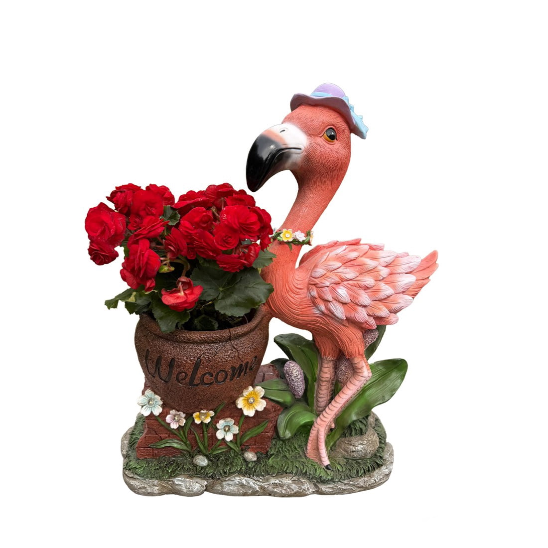 Flamingo Planter Statue with Top Hat and Bowtie Resin Garden Decor Flower Pot with Welcome Sign Outdoor Indoor Patio Porch Accent