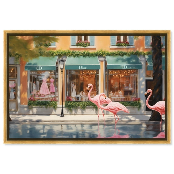 Flamingo Plaza Canvas Colorful Places Wall Art by Art Remedy, Gold Frame, 45" x 30"