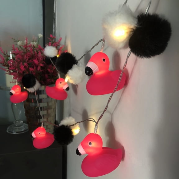 Flamingo Pom Poms String Lights,1.65M 10LEDs Battery Powered Painted Flamingo Night Light for Summer Tropical Hawaiian Theme Party Christmas Bedroom Decoartion