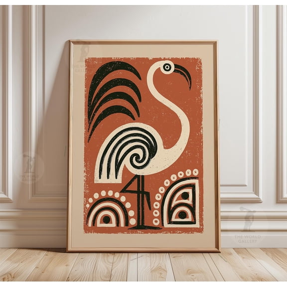 Flamingo Poster, Folk Art Bird Print, Terracotta Paper Wall Art, Poster Only