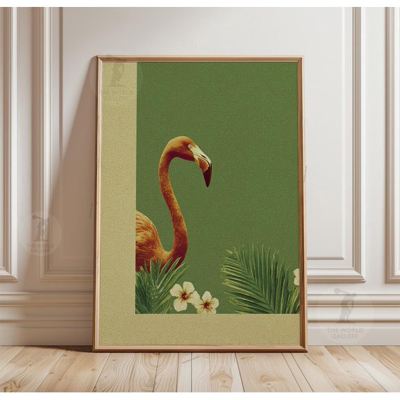 Flamingo Poster Green Background Tropical Bird Art Botanical Nature Print 1