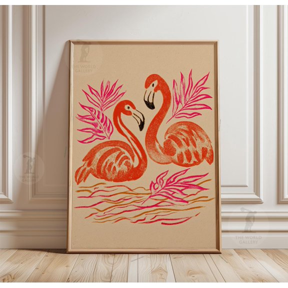 Flamingo Poster, Pink Orange Tropical Bird, Linocut Style Wall Art, Poster Only