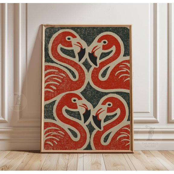 Flamingo Poster, Red Bird Pattern Print, Tropical Animal Minimal Wall Art, Poster Only