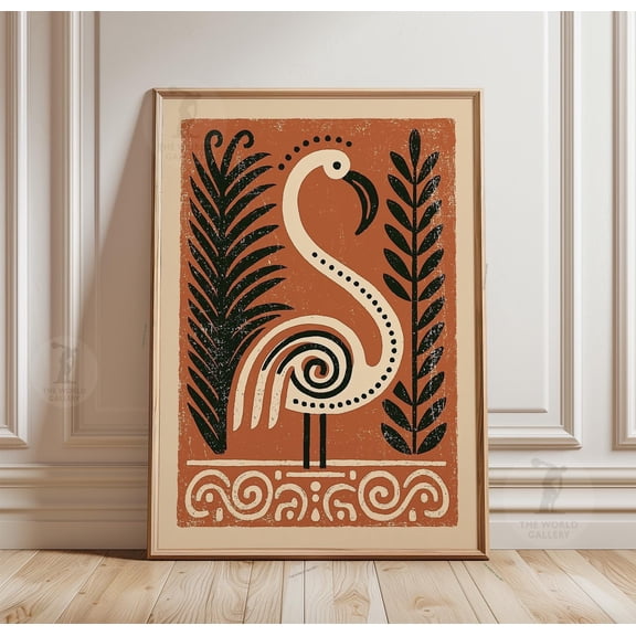 Flamingo Poster, Tropical Folk Art Print, Botanical Paper Wall Art, Poster Only
