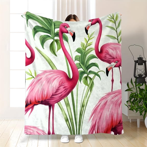 Flamingo Print Flannel Blanket - Soft Quilted Polyester Pink Flamingo and Green Leaf Design, Modern Bedspread Ideal Gift for Adults and Teens