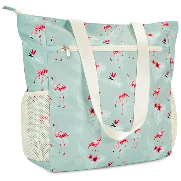 Flamingo Print Travel Beach Tote Bag Large Capacity Shoulder Handbag with Multi Pockets Water-resistant for Seaside Shopping Casual for Women