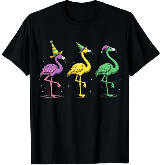 Flamingo Purple Yellow Louisiana Mardi Gras Graphic Crew Neck Short Sleeve T-Shirts (Men's, Women's)