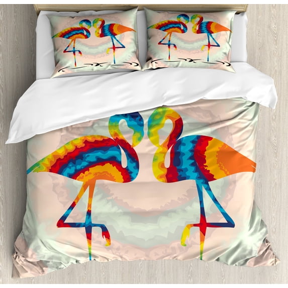 Flamingo Queen Size Duvet Cover Set, Colorful Love Valentine Flamingos Illustration Retro Circles at Back Funky Print, Decorative 3 Piece Bedding Set with 2 Pillow Shams, Multicolor, by Ambesonne