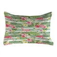 thumbnail image 1 of Flamingo Quilted Pillowcover, Flamingos with Exotic Hawaiian Leaves Flowers on Striped Vintage Background, Standard King Size Accent Pillow Cover for Bedroom, 36" x 20", Green Pink White, by Ambesonne, 1 of 2