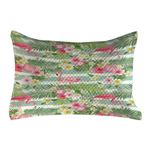 Flamingo Quilted Pillowcover, Flamingos with Exotic Hawaiian Leaves Flowers on Striped Vintage Background, Standard King Size Accent Pillow Cover for Bedroom, 36" x 20", Green Pink White, by Ambesonne
