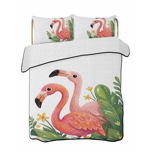 Flamingo Quilts Bedding Set Full Size Vintage Watercolor Pink Birds Tropical Plant Lightweight Quilted Bedspread 3 Piece Bed Quilt with 2 Pillow Shams All Season for Bedroom 68" x 98"
