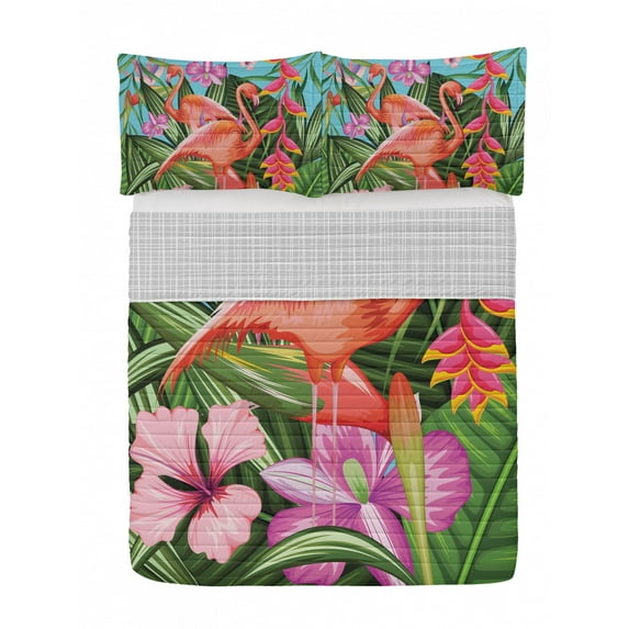 Flamingo Reversible Bedspread Set, Illustration of Animal Tropical Garden Hibiscus Flower Plant Vintage, Pillow Shams & Comforter Microfiber Bedding Set, 3 Sizes, Green Pink Blue, by Ambesonne