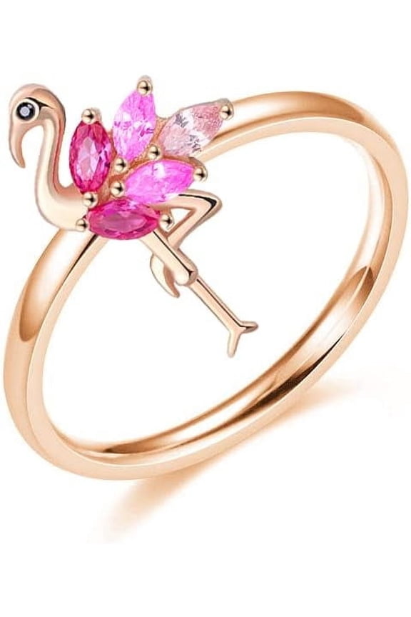 Flamingo Ring for Women Sterling Silver 925 Cute Animal Rose Gold Pink Cubic Zirconia Bird Flamingos Wedding Engagement Finger Rings Bands Beach Jewelry Christmas Gifts for Mom Daughter
