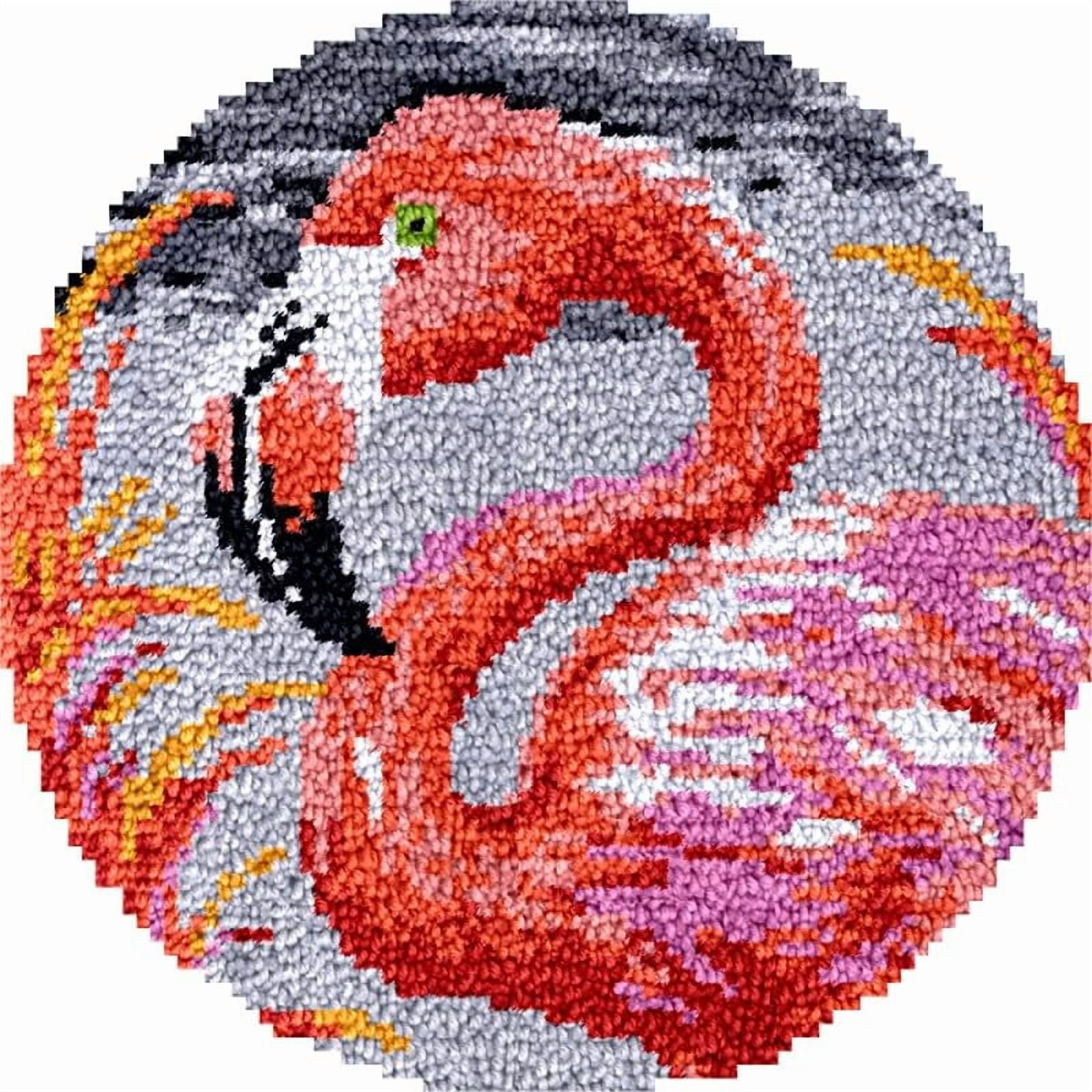Flamingo Round Shape Latch Hook Rug Kits Set for Starter Crochet Hook Cushion Mat Sofa Seat Cushion Crocheting Kits with Preprinted Canvas Crochet Yarn Kits 50X50CM (fi19)