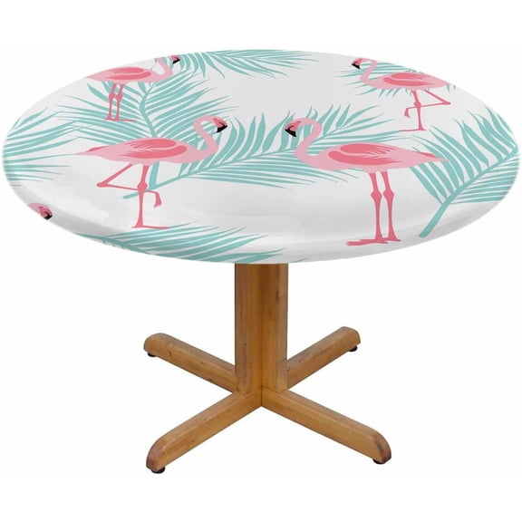 Flamingo Round Table Cloth Flamingo Standing Tropical Leaves Elastic Edged Table Cover Fade And Stain Resistant Table Cloths Easy To Clean Fits Tables 40-44" Diameter