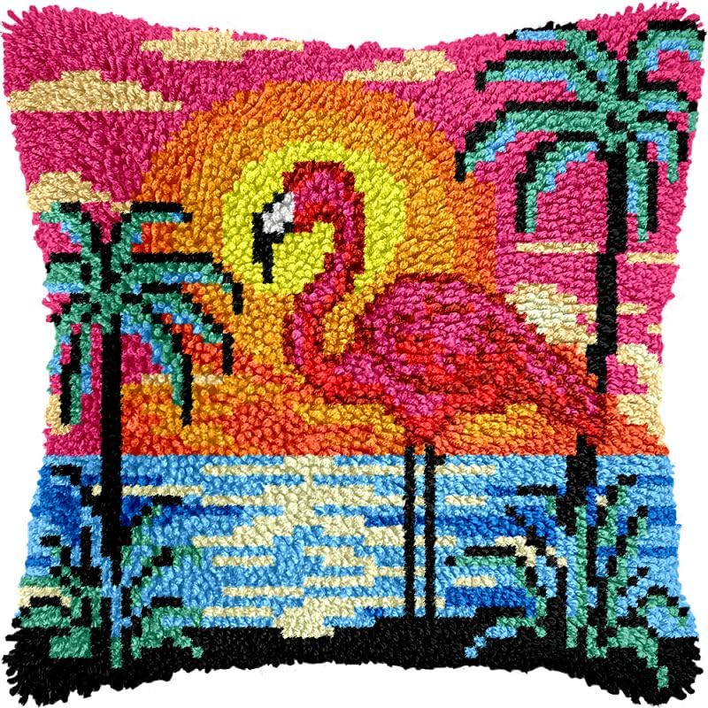 Flamingo & Seaside Sunset Latch Hook Pillow Kits Cushion Pillowcase with Pattern Printed Canvas Sofa Hooking Pillows Crafts Embroidery Latch Hooking Crochet Kits 17x17 inch(83)