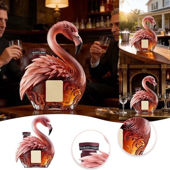 Flamingo Shaped Glass Decanter, Pink Sculpted Decorative Liquor Bottle with Cork Stopper, Handmade Barware Ornament, Unique Gift for Spirit Lovers Home Bar Display