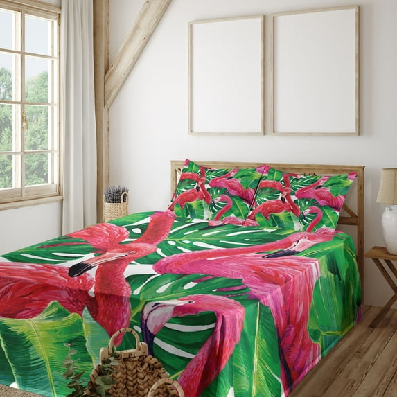 Ambesonne Flamingo Fitted & Top Sheet Set with Shams, Retro Exotic Leaves, Pink Green