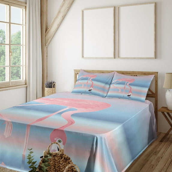 Ambesonne Flamingo Fitted & Top Sheet Set with Shams, Birds in Love Lake, Pink Blue