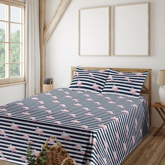 Ambesonne Flamingo Fitted & Flat Sheet with Shams 4 Pcs Set, Exotic Bird Illustration, Queen, Indigo Pale Pink and White