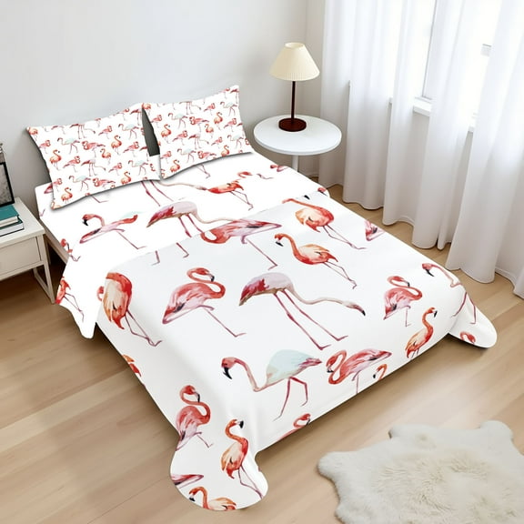 Ambesonne Flamingo Fitted & Top Sheet Set with Shams, Exotic Birds Pattern, Pale Pink Coral