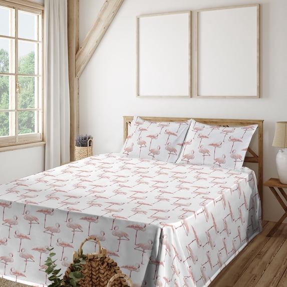 Ambesonne Flamingo Fitted & Flat Sheet with Shams 4 Pcs Set, Wild Nature Exotic Bird, King, Redwood Pearl Coral