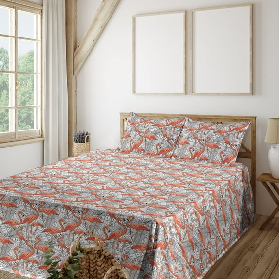 Ambesonne Flamingo Fitted & Flat Sheet with Shams 4 Pcs Set, Wild Palm Leaves Exotics, Calking, Salmon White