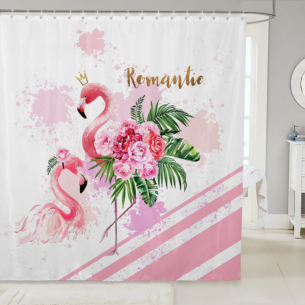 Flamingo Shower Curtain for Girls Women Pink Flamingo Bath Curtain Tie
