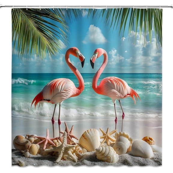 Flamingo Shower Curtain Ocean Beach Tropical Palm Leaf Starfish Seashell Coastal Pink Flamingo Summer Fabric Bathroom Curtain Set with Hooks