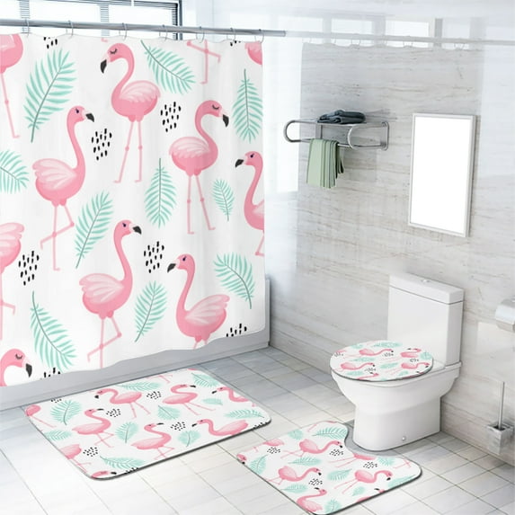 Flamingo Shower Curtain Set with Rugs Watercolor Art Romantic Tropical Palm Leaves Pink White Bathroom Decor Set with Accessories, Waterproof Shower Curtain for Bathtub Decor, 72x72 Inch