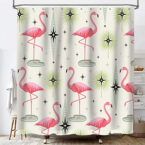 Flamingo Shower Curtain, Tropical Pink Bird Retro 60s 70s Bathroom Curtain Fabric Beige Cream Green Bath Decor , Hooks Included