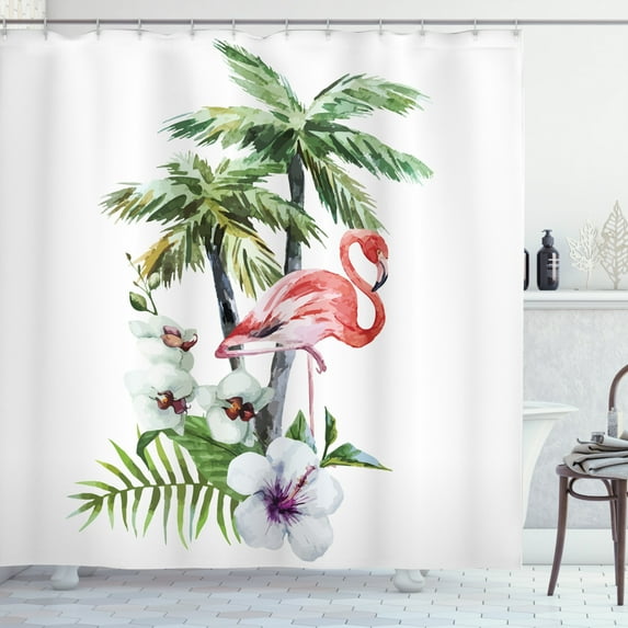 Flamingo Shower Curtain, Watercolor Island Composition Exotic Forest Leaves and Hibiscus Spring in Hawaii, Fabric Bathroom Set with Hooks, 69W X 75L Inches Long, Multicolor, by Ambesonne