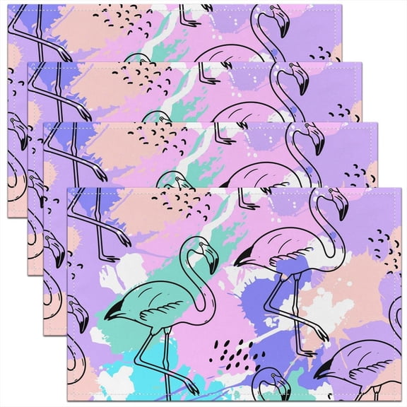 Flamingo Silhouettes Elegant Placemats for Dining Table Set of 4, Hand-Painted Graffiti Dreamy Place Mats 12x18 Inch for Restaurant,Cute Tropical Animals Kitchen Table Mats Easy to Clean