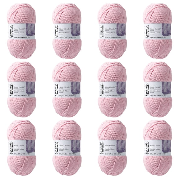 Loops & Threads Flamingo Skinny Chenille Yarn - Medium Weight Yarn for Knitting, Crochet, Weaving, Arts & Crafts, 12 Pack