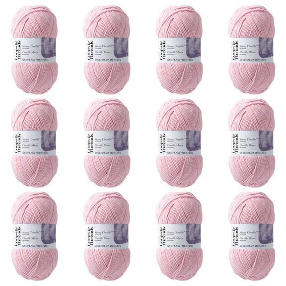 Loops & Threads Flamingo Skinny Chenille Yarn - Medium Weight Yarn for Knitting, Crochet, Weaving, Arts & Crafts, 12 Pack