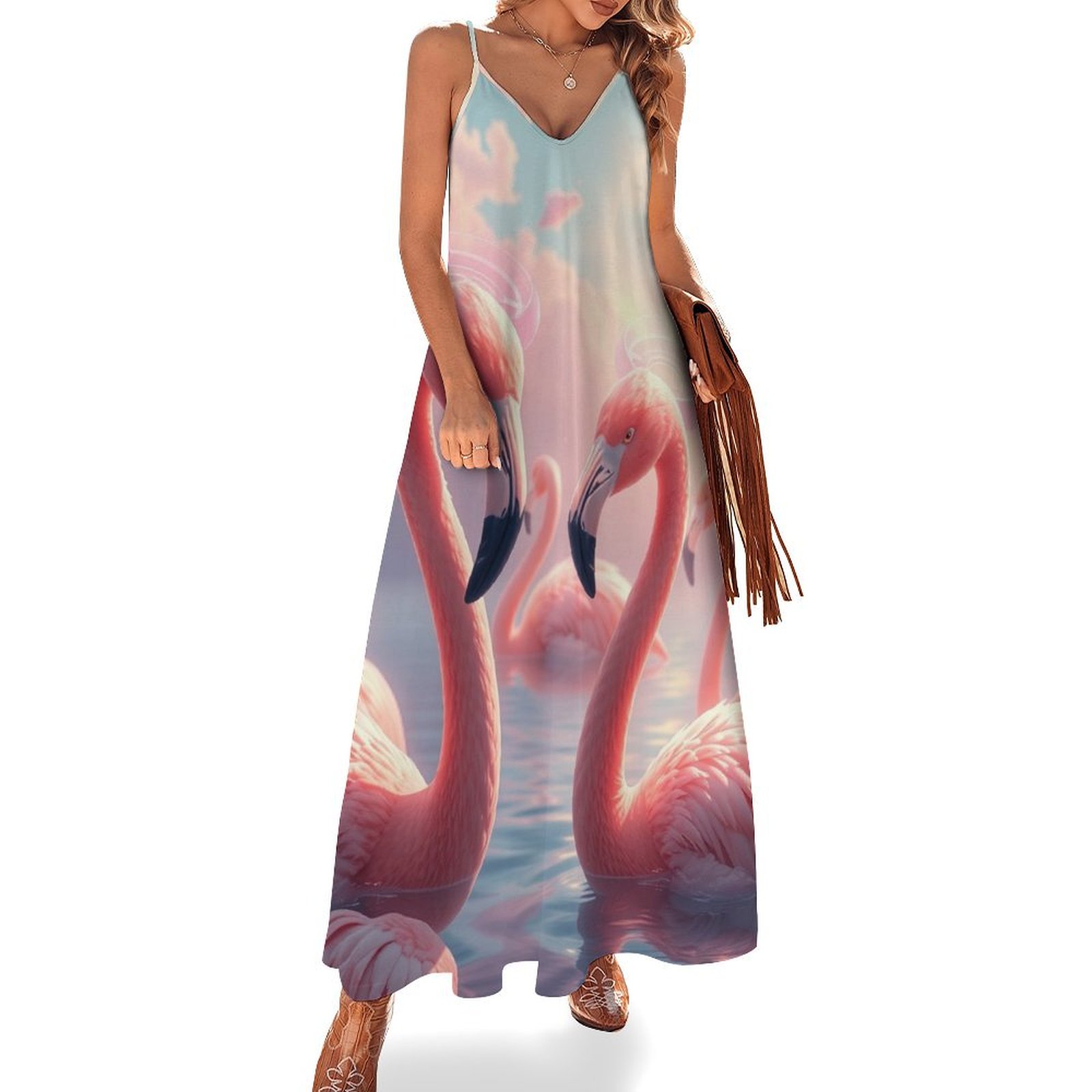 Long Dress with Lace Bodice and Straps Flamingo